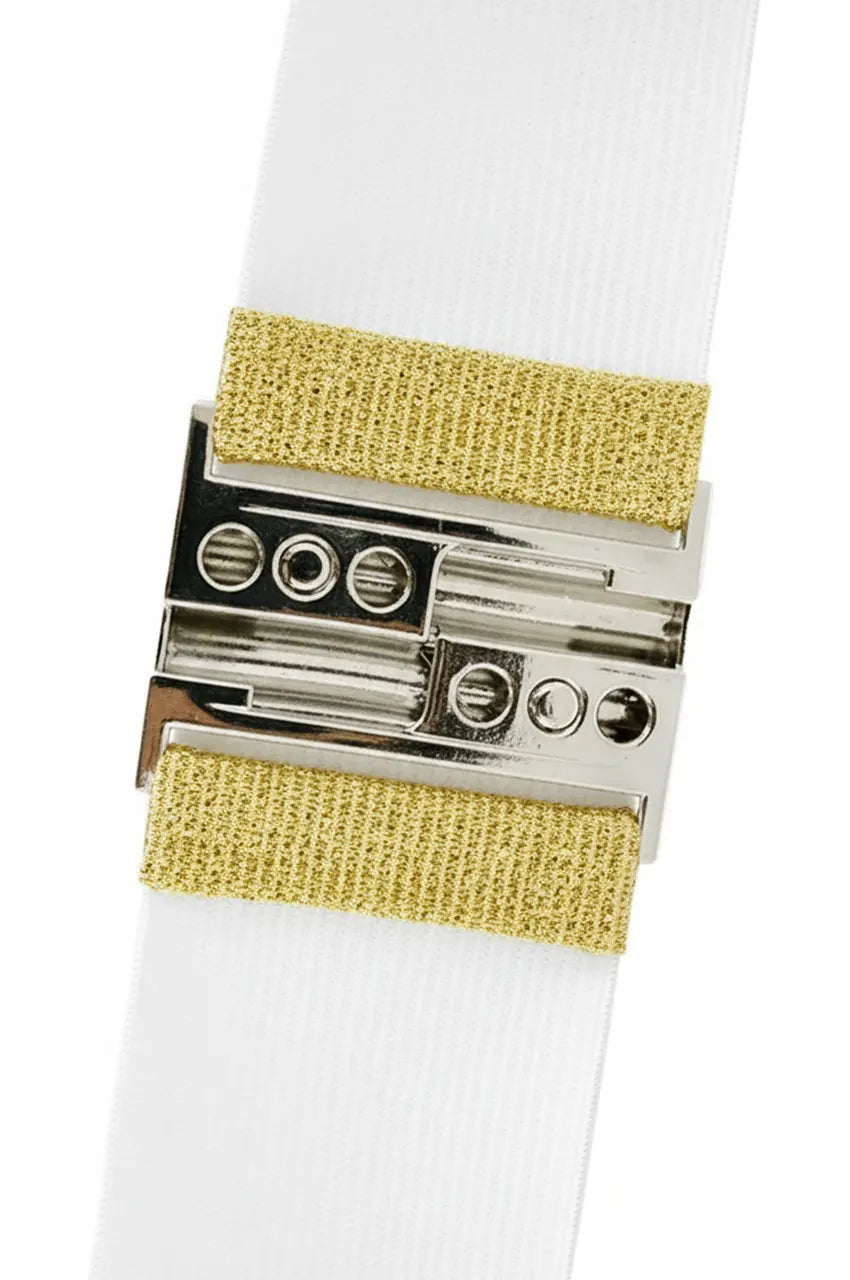 Close-up of the secure metal interlocking clasp mechanism on the back of the gold elastic belt.