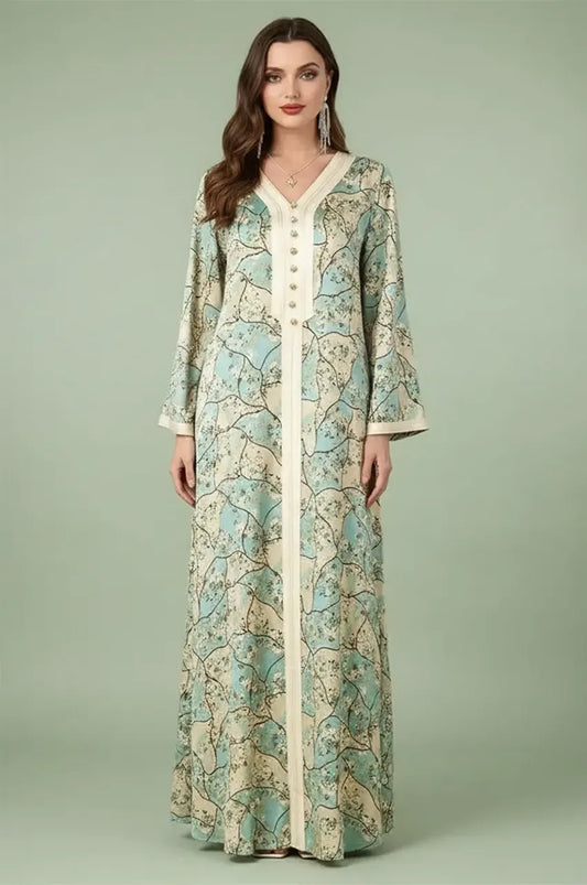 Full front view of the Isara green casual Moroccan kaftan with floral print and ivory Sfifa trim on a studio background.