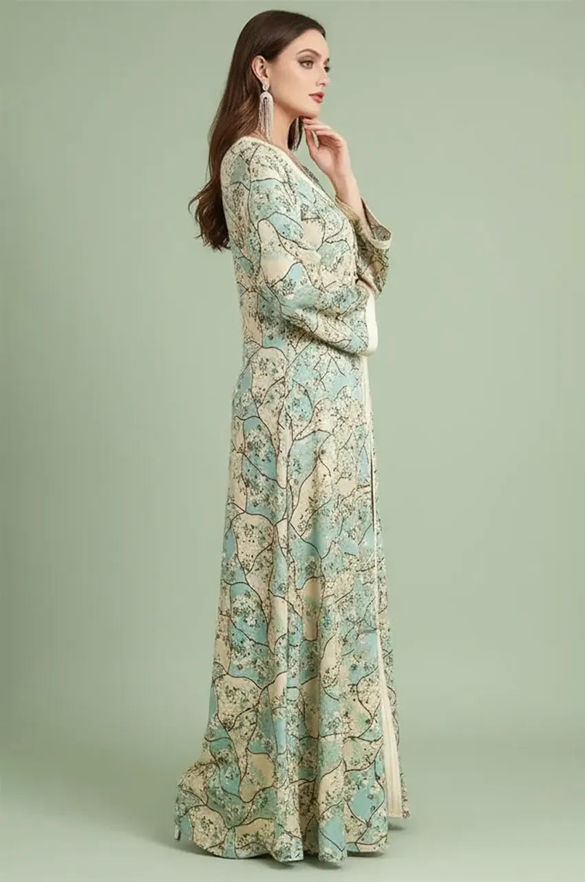 Side profile shot of the Isara green casual Moroccan kaftan showing the long relaxed sleeves and comfortable flowy fit.