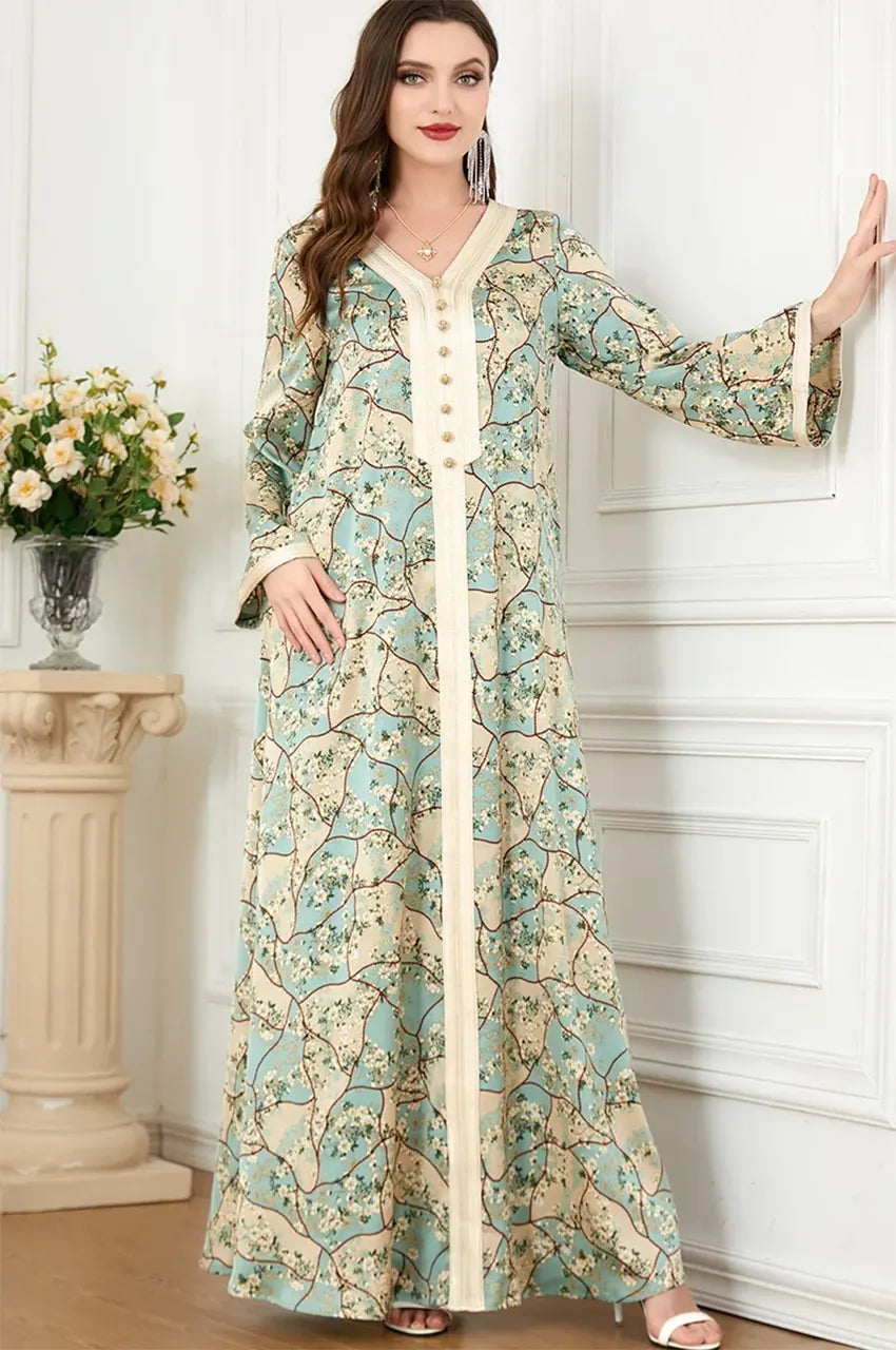 Elegant pose in the Isara green casual Moroccan kaftan, showcasing its bohemian chic appeal for modest fashion.