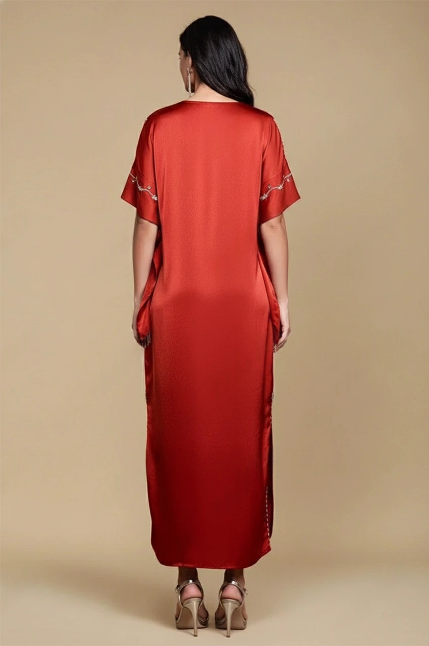 Jasira Burgundy Kaftan back view – satin burgundy kaftan with short sleeves