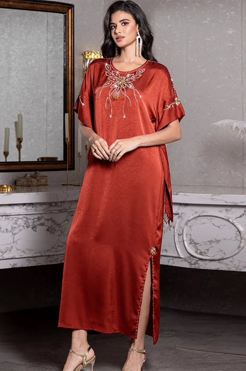 Elegant pose wearing Jasira Burgundy Kaftan
