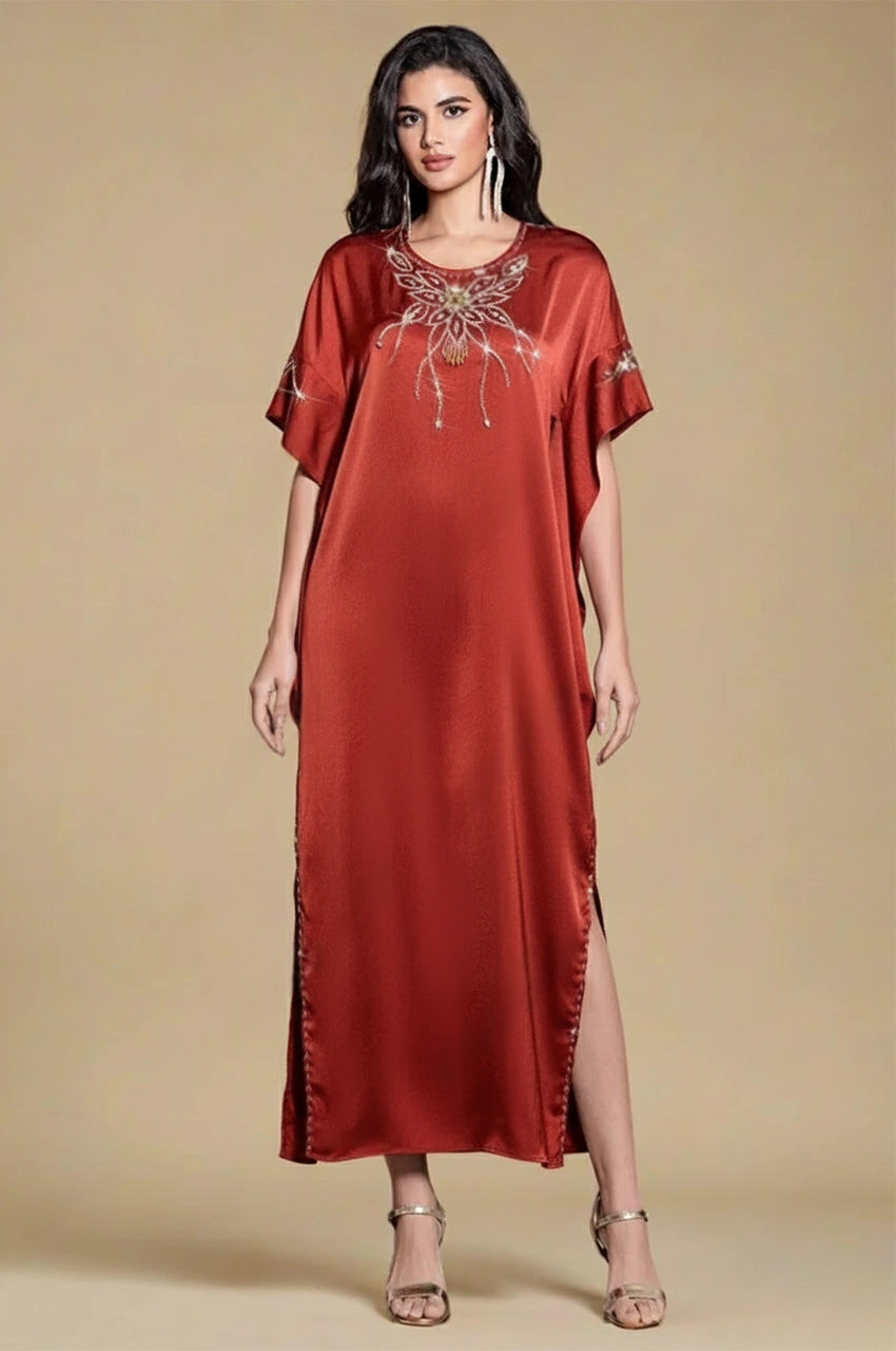 Jasira Burgundy Kaftan front view – satin kaftan with embellished neckline