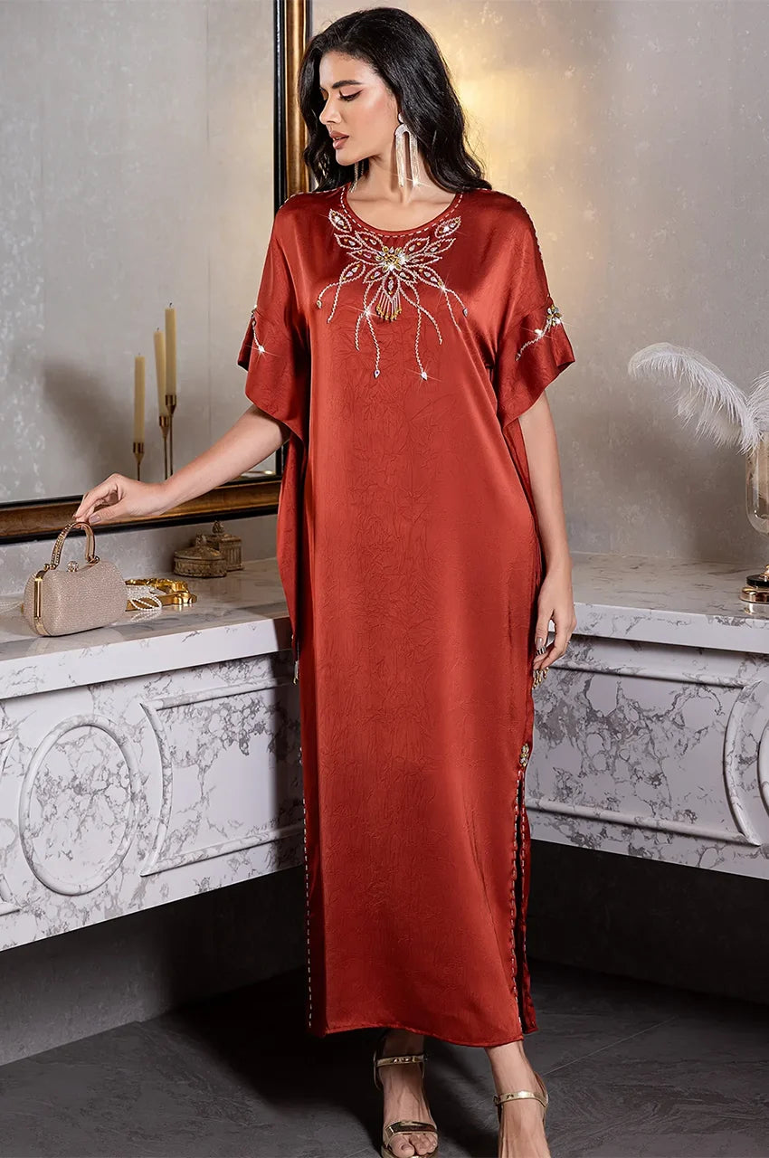 Full-length view of crystal embroidered Burgundy Kaftan