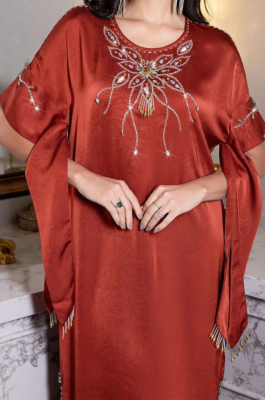 Embroidered neckline with crystals on Jasira Burgundy Kaftan