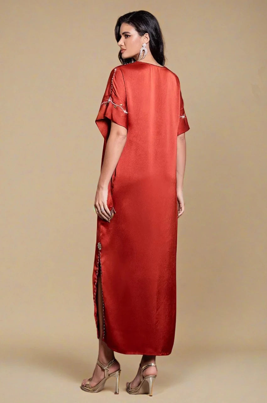 Jasira Burgundy Kaftan rear side angle – embroidered sleeve detail and long satin drape