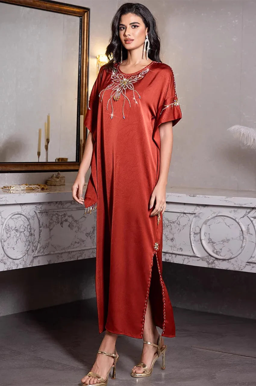 Side slit detail on Jasira Burgundy Kaftan