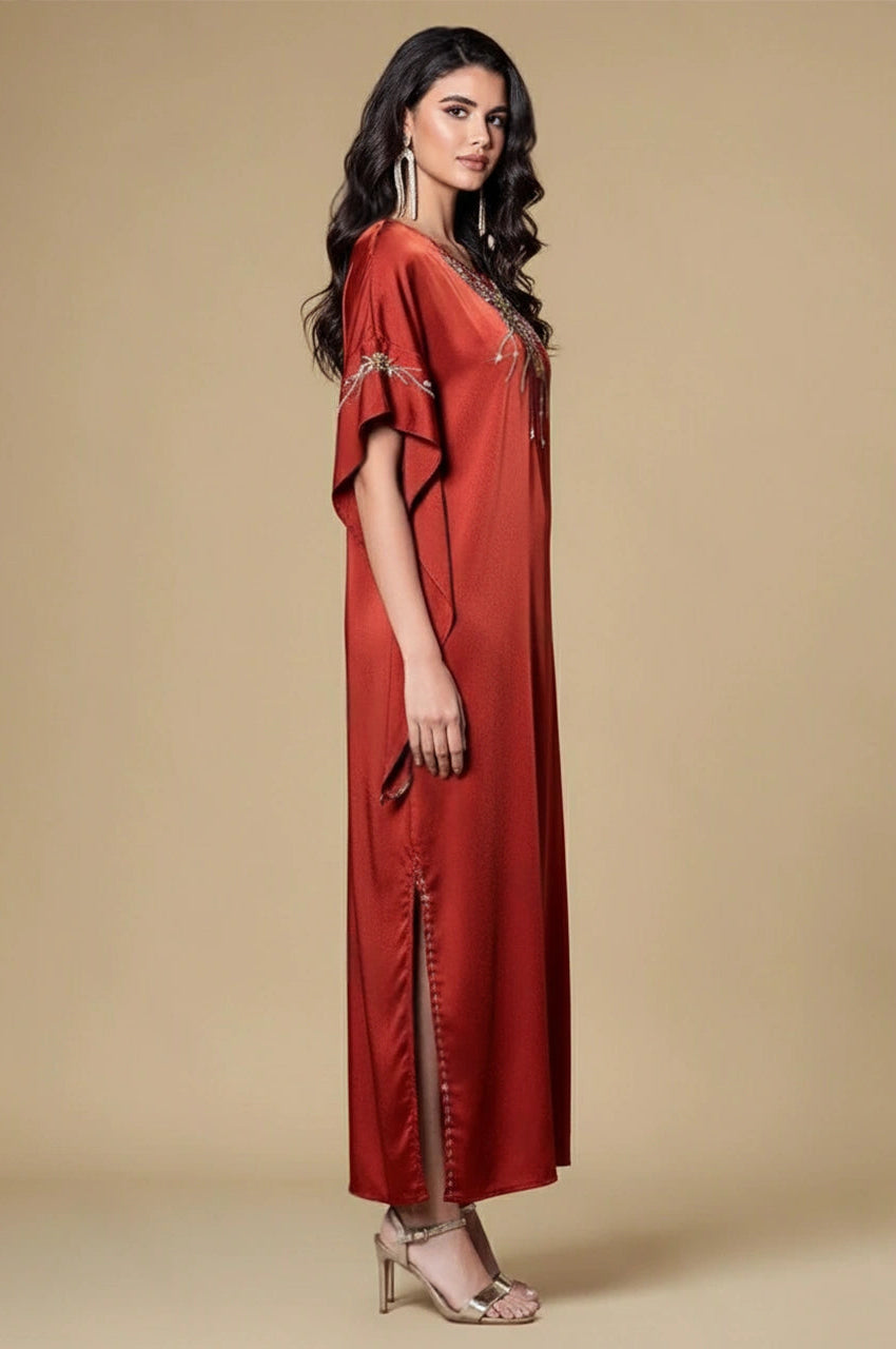 Jasira Burgundy Kaftan side view – burgundy satin kaftan with side slit