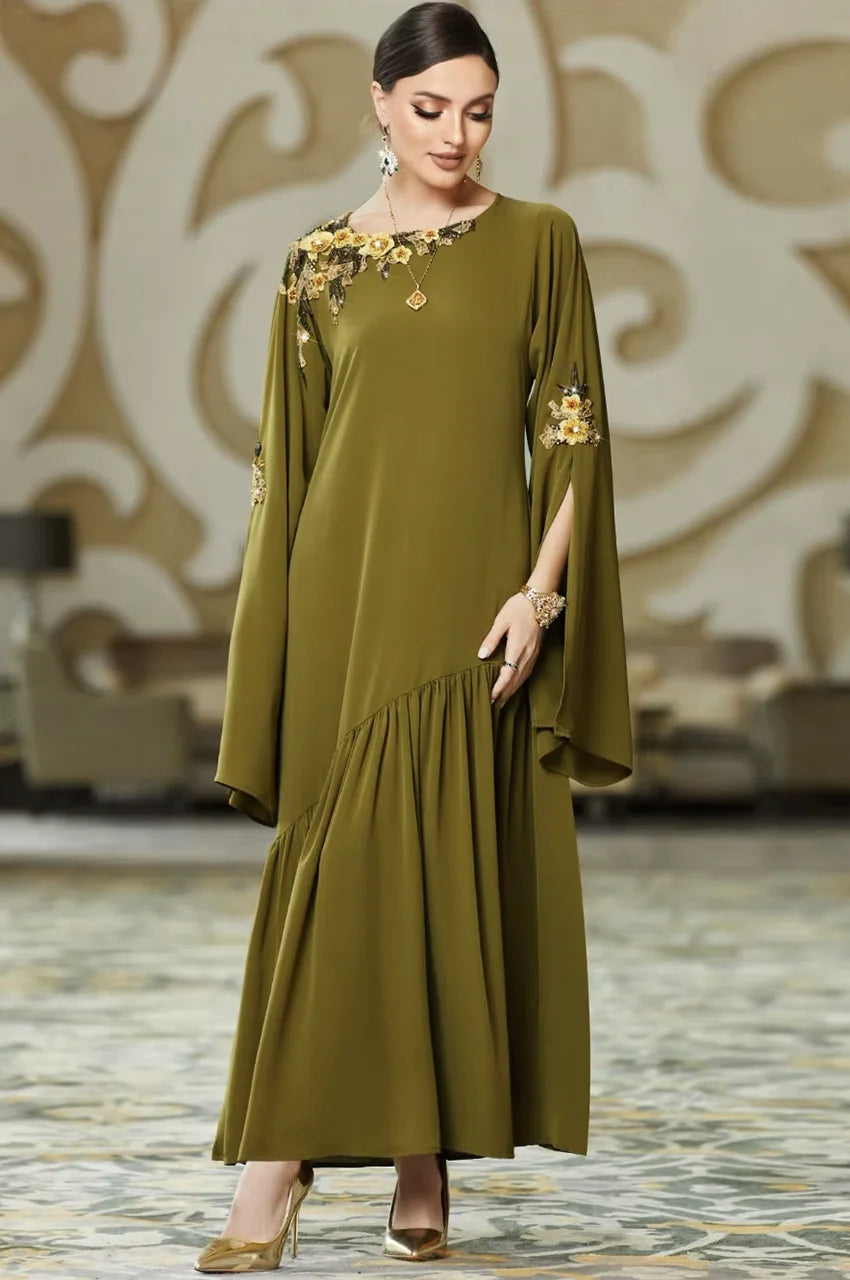 Front view of the Kairin olive green kaftan featuring gold shoulder embroidery.