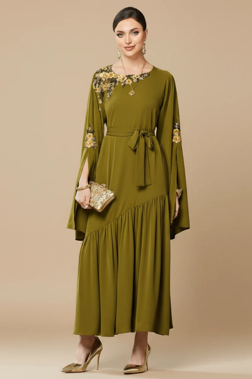 Full body shot of the Kairin embellished kaftan with asymmetrical ruffle hem.