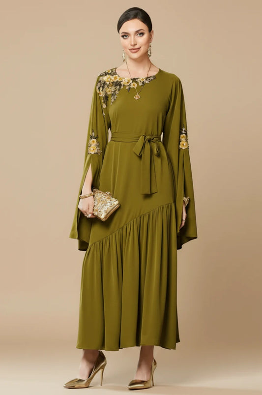 Full body shot of the Kairin embellished kaftan with asymmetrical ruffle hem.