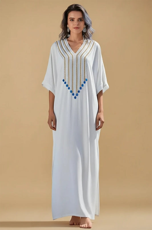 White Greek kaftan Kalila with gold embroidery and blue beads front view