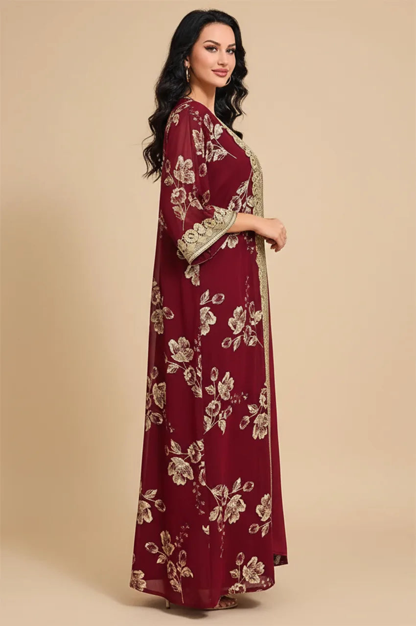 Side profile of Kalima kaftan displaying intricate gold lace sleeve cuffs.