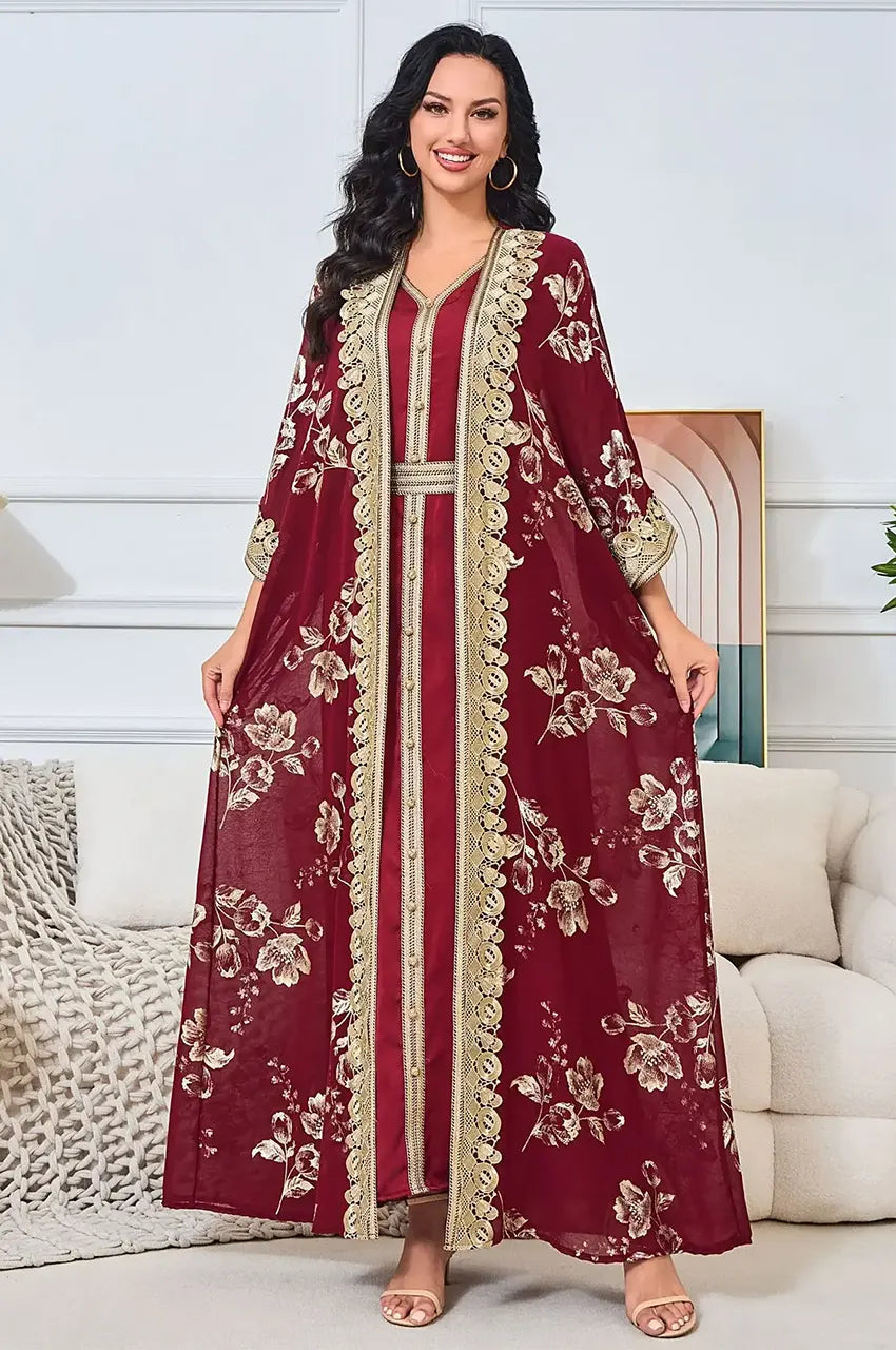 Front standing pose of Kalima 2-piece kaftan set in red.