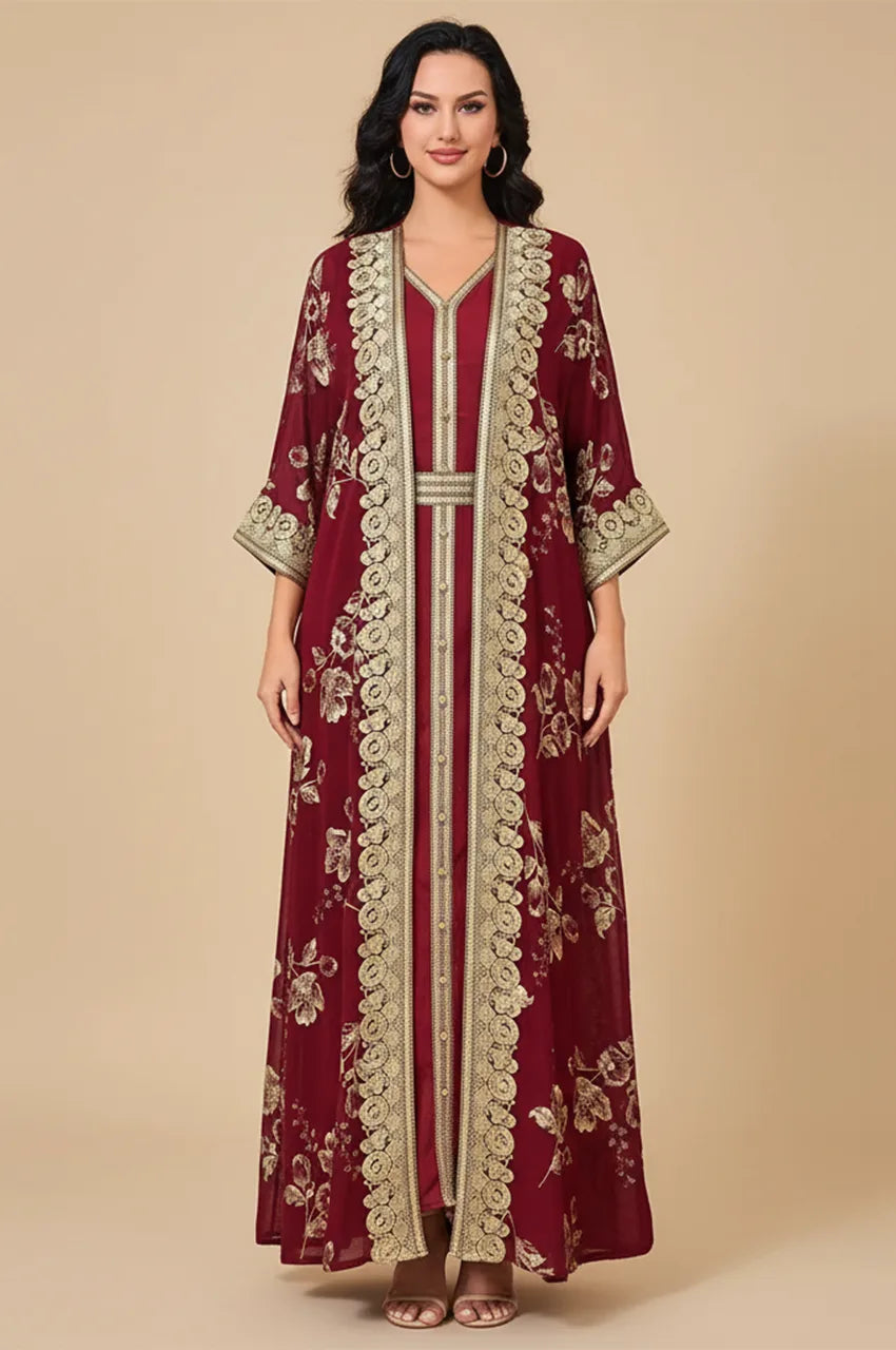Full length front view of Kalima red and gold open kaftan with gold lace trim.