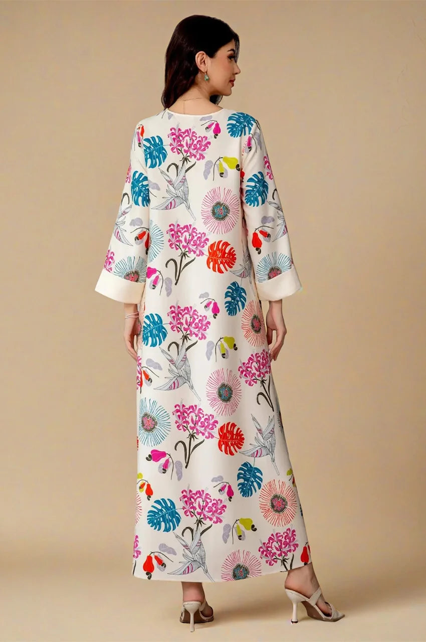 Back neutral background view of full-length cream Kashmiri kaftan with multicolor florals