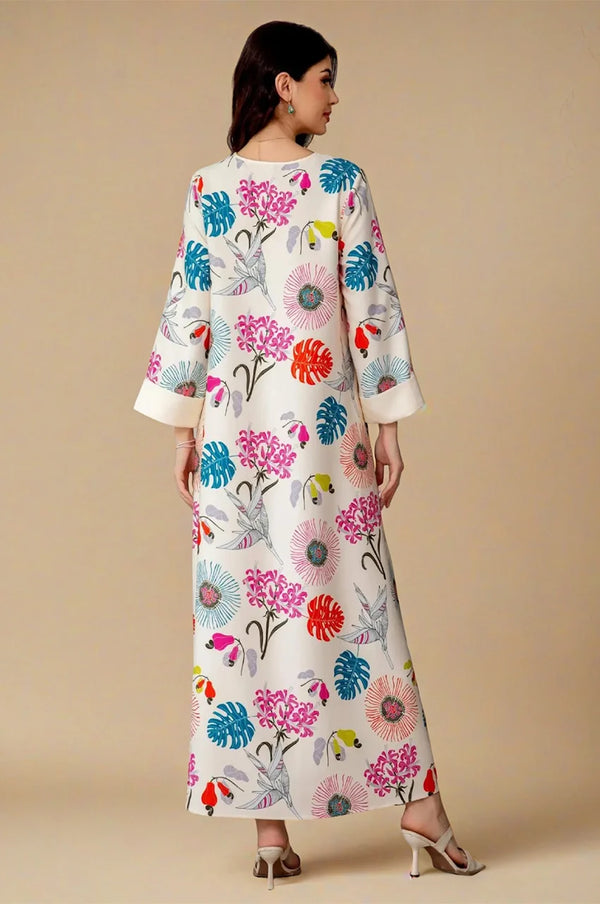 Back neutral background view of full-length cream Kashmiri kaftan with multicolor florals