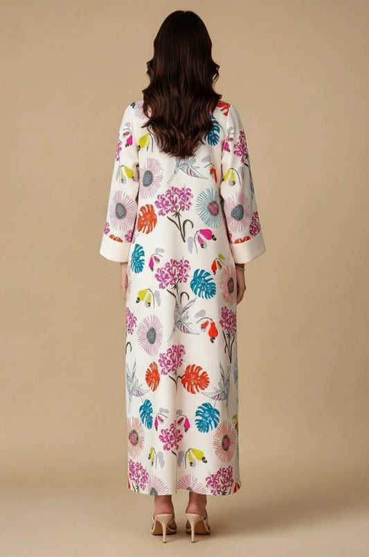 Back view of cream Kashmiri kaftan with colorful floral print
