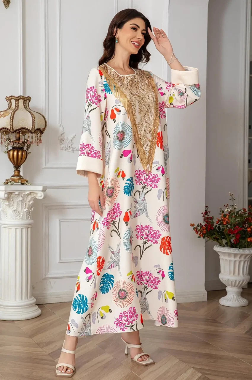 Full-length cream Kashmiri kaftan with multicolor floral pattern and gold V-panel