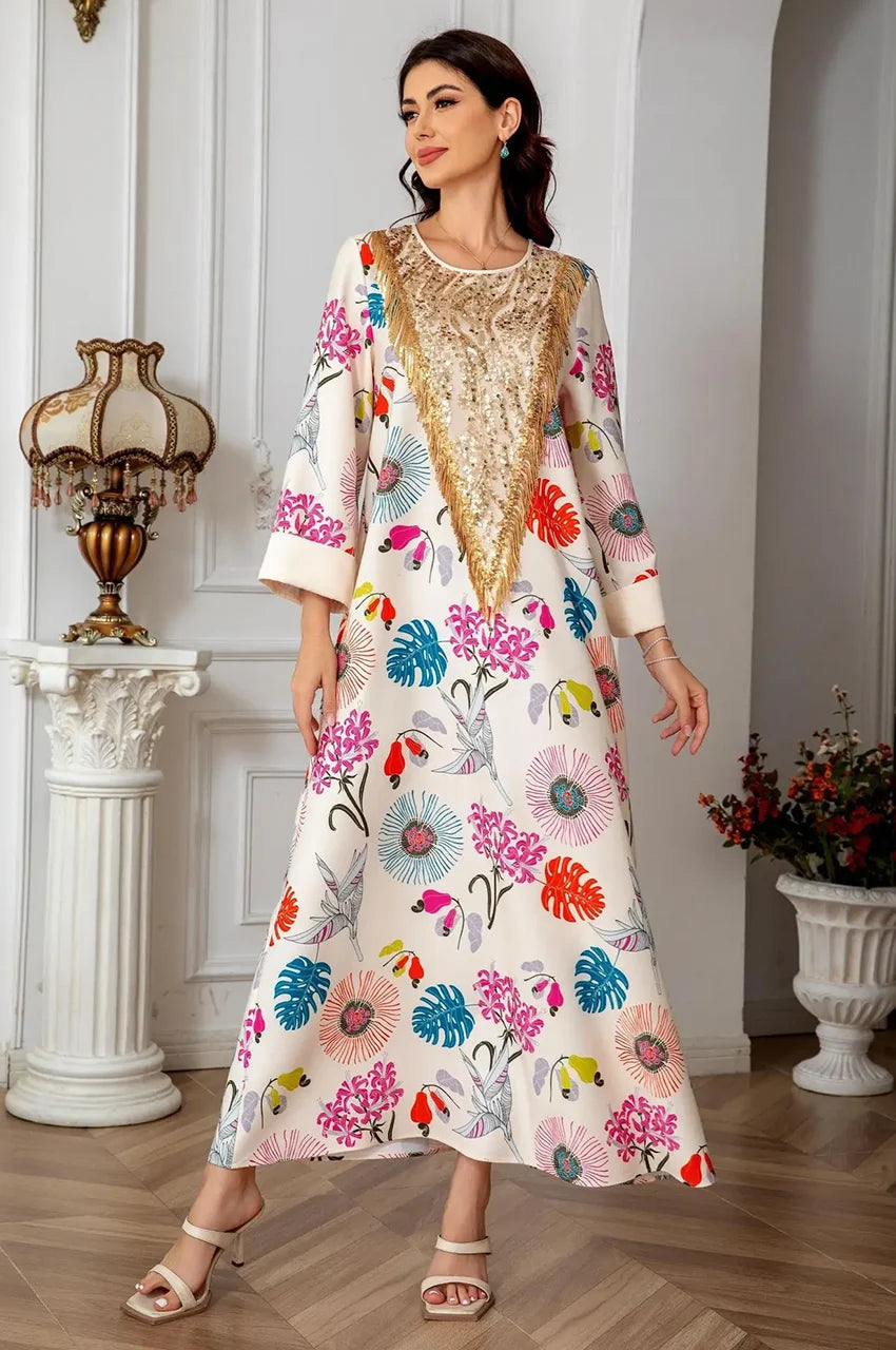Neutral background front view of cream floral Kashmiri kaftan with gold embellishment