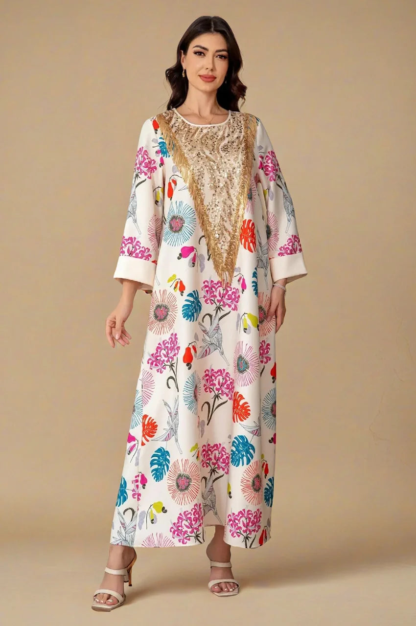 Front view of Kalya Kashmiri Kaftan in cream floral print with gold sequin panel