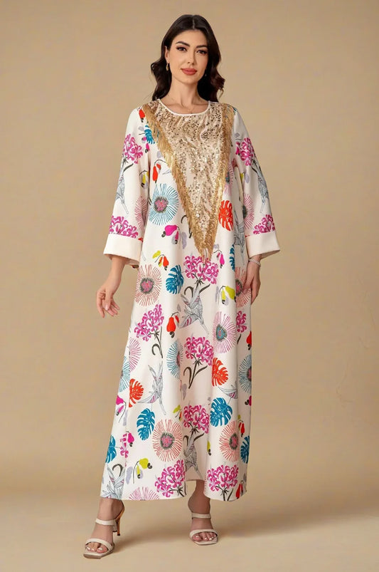 Front view of Kalya Kashmiri Kaftan in cream floral print with gold sequin panel