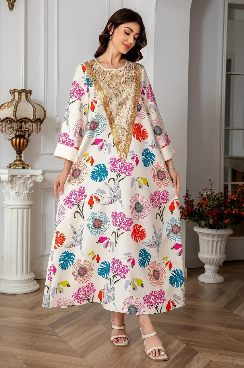 Side profile of cream floral Kashmiri kaftan with wide sleeves