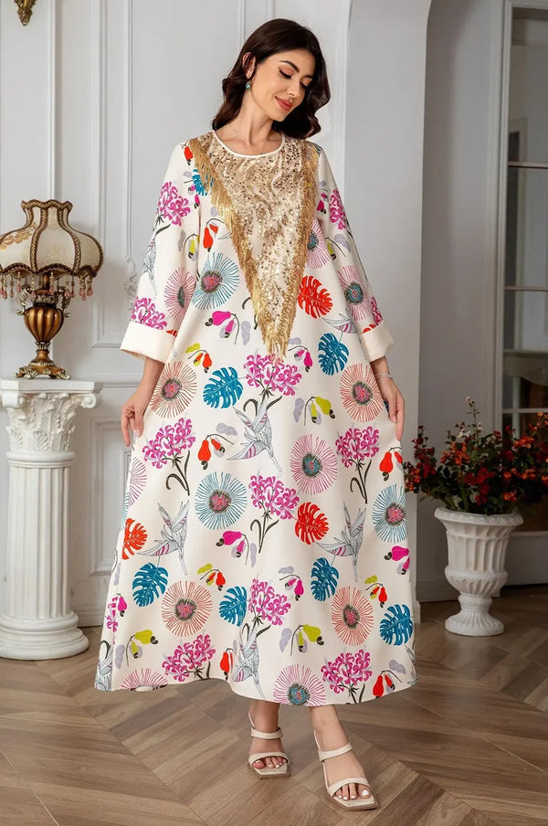 Side profile of cream floral Kashmiri kaftan with wide sleeves