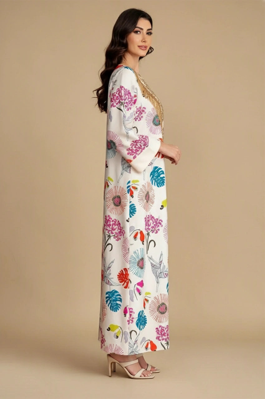 Side view of cream floral Kashmiri kaftan with relaxed A-line silhouette