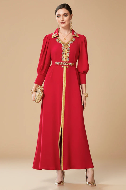 Front view of the Karia red maxi orient kaftan displaying the full length gold embroidery and ruby crystal details.
