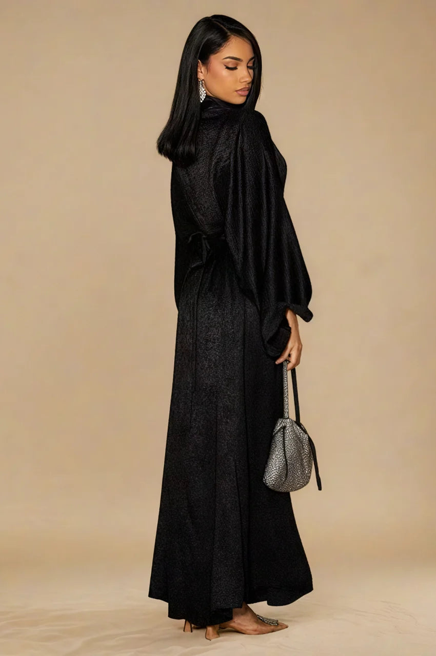 Metallic black Kehlia kaftan with adjustable back tie belt and long flowing silhouette