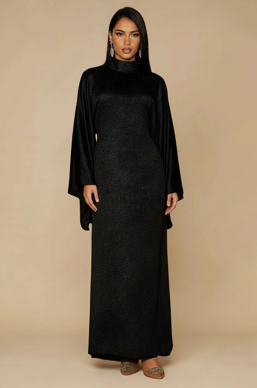 Front view of Kehlia metallic black kaftan with shimmering fabric and long flared sleeves