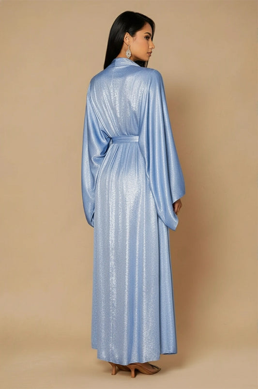 Kehlia metallic light blue kaftan back view – elegant metallic kaftan with waist tie and flowing fabric