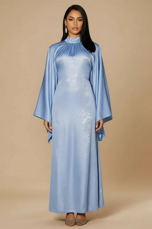 Kehlia metallic light blue kaftan front view – elegant high-neck shimmering kaftan with flowing sleeves