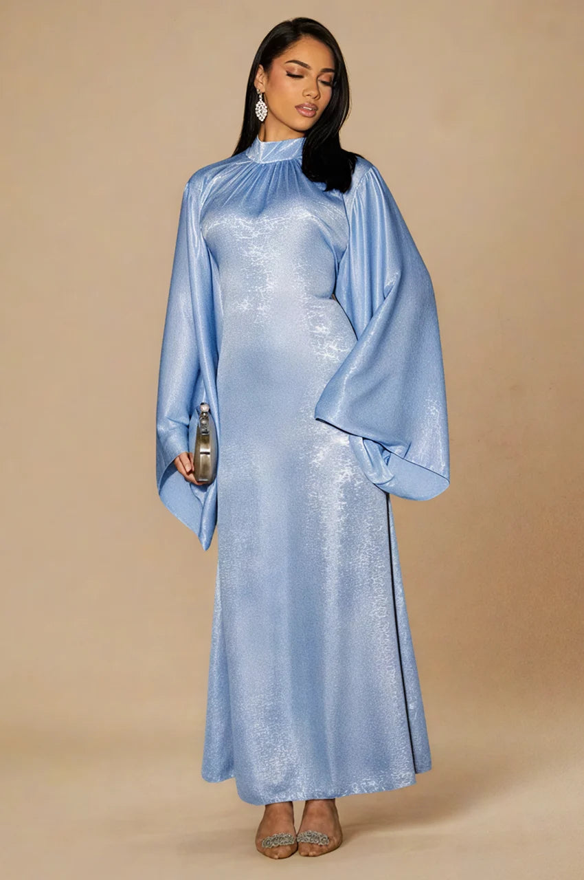 Kehlia metallic light blue kaftan full length – high-neck light blue metallic kaftan dress with draped sleeves