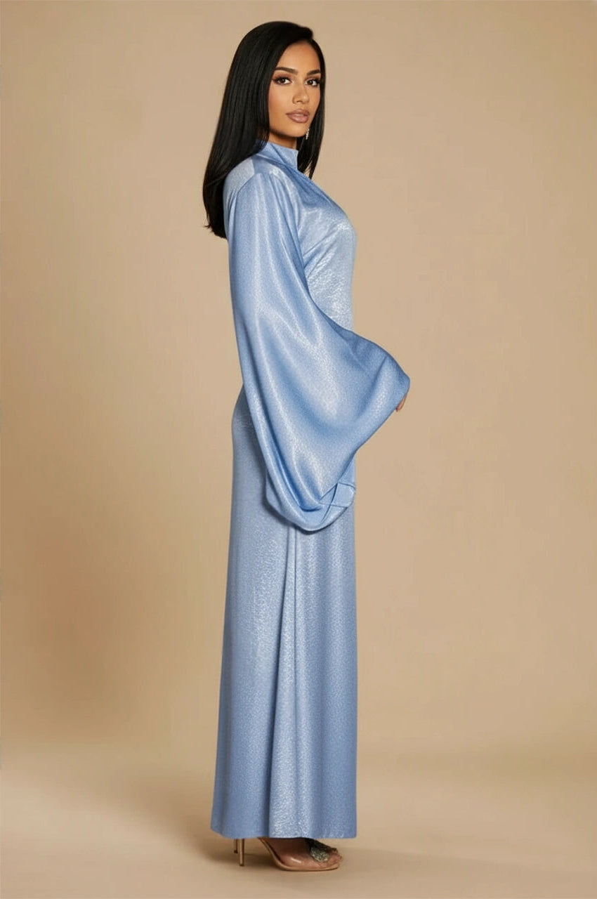 Kehlia metallic light blue kaftan side view – shimmering light blue kaftan with wide draped sleeves
