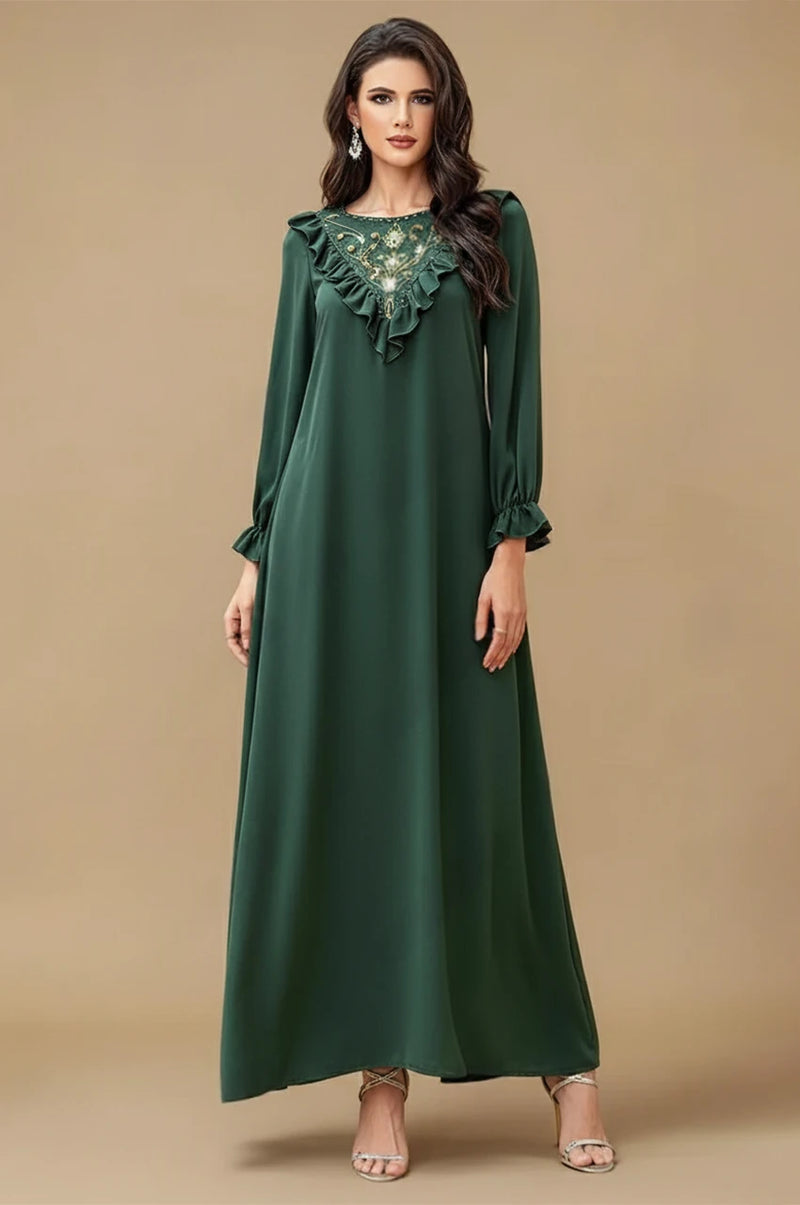 Kenza emerald embellished kaftan maxi dress front view with ruffle neckline