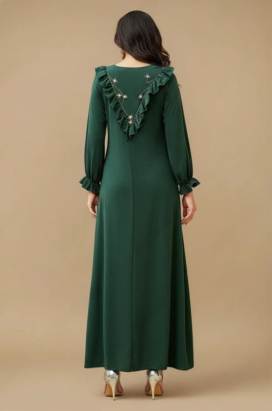 Back view of Kenza emerald kaftan maxi dress with embellished ruffle detailing