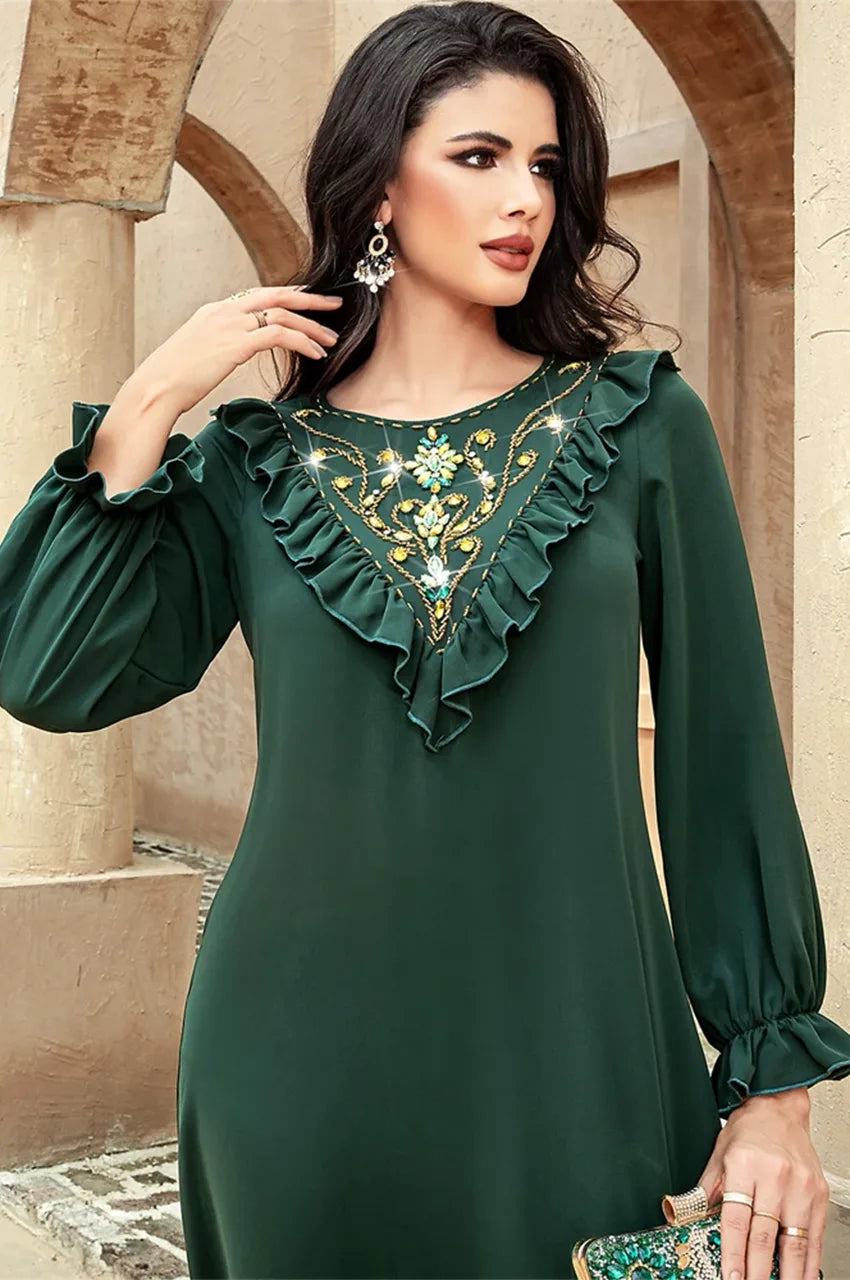 Crystal and floral embroidery detail on Kenza kaftan