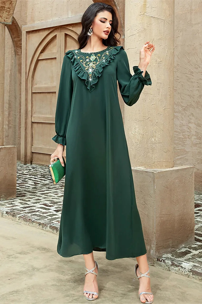 Full-length body view of Kenza emerald maxi kaftan