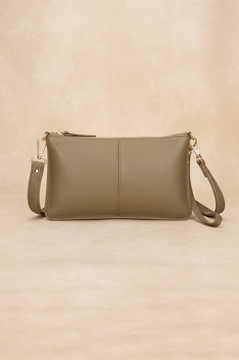 Front view of the khaki leather shoulder bag featuring a sleek design and gold hardware.