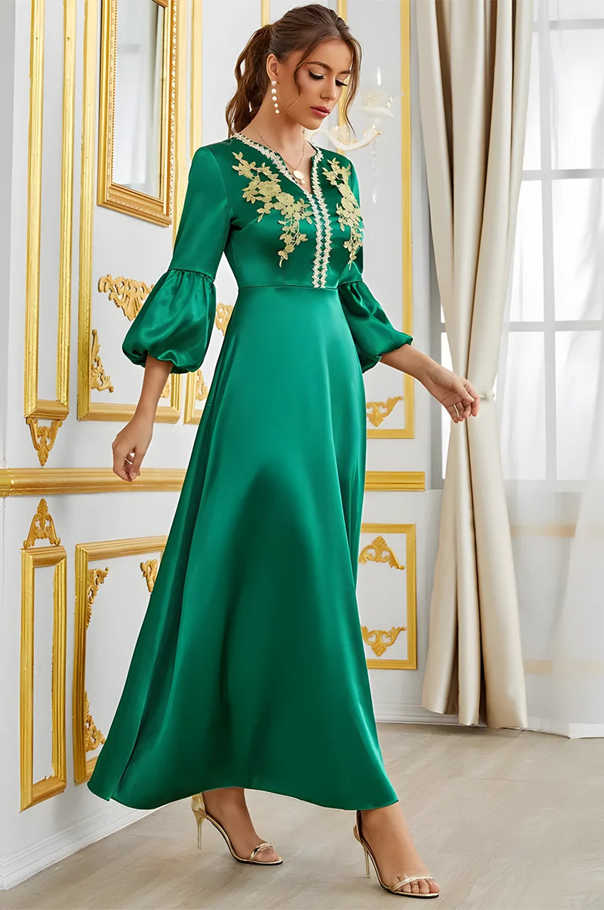 Elegant satin emerald green kaftan with gold detailing