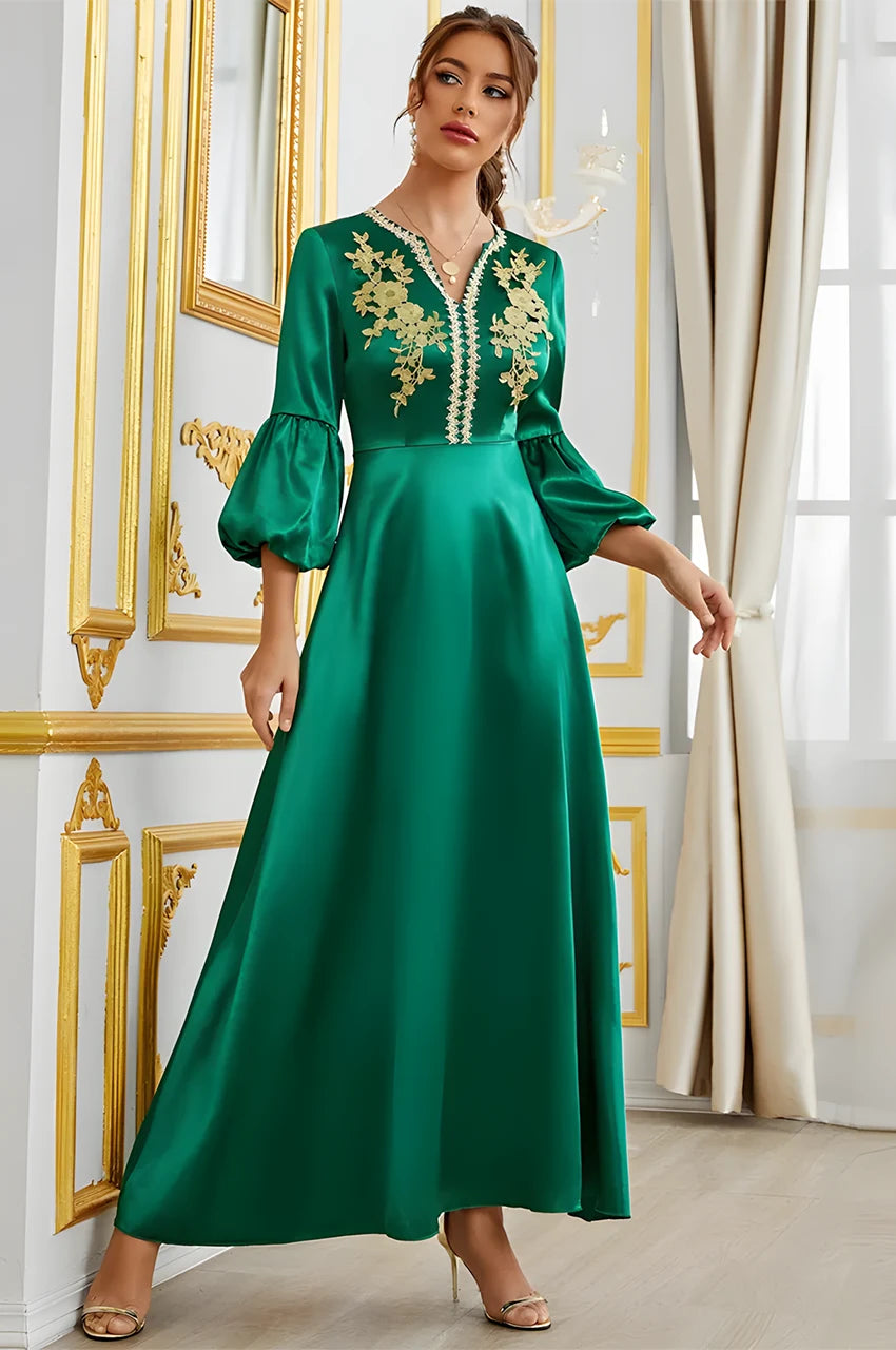 Full length emerald green satin kaftan dress by Kiara
