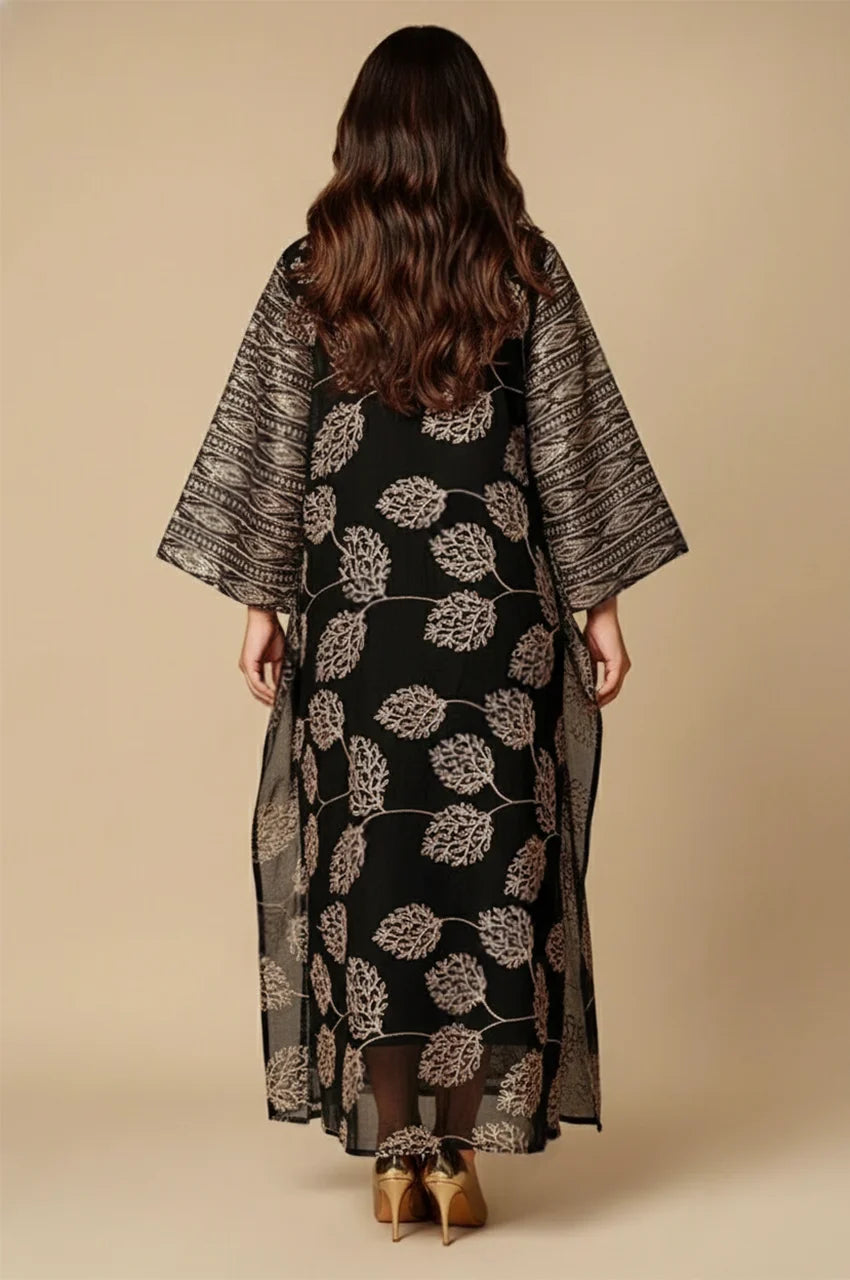 Back view of Leena black Persian kaftan with metallic embroidered leaves pattern