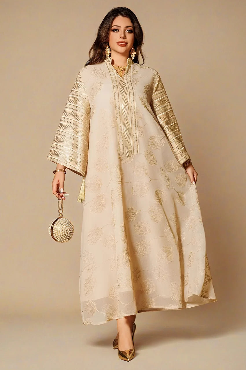 Leena White Persian Kaftan front detail with gold embroidery and wide sleeves