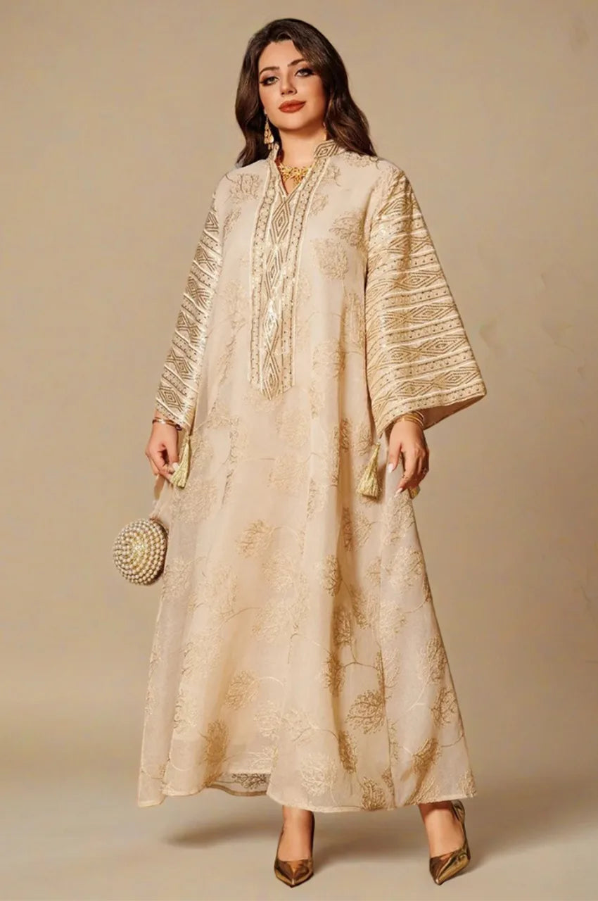 Front embroidery of Leena White Persian Kaftan with luxury gold motifs