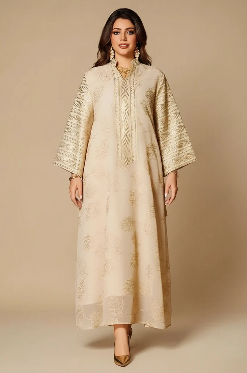 Full-length front view of Leena White Persian Kaftan with metallic gold patterns