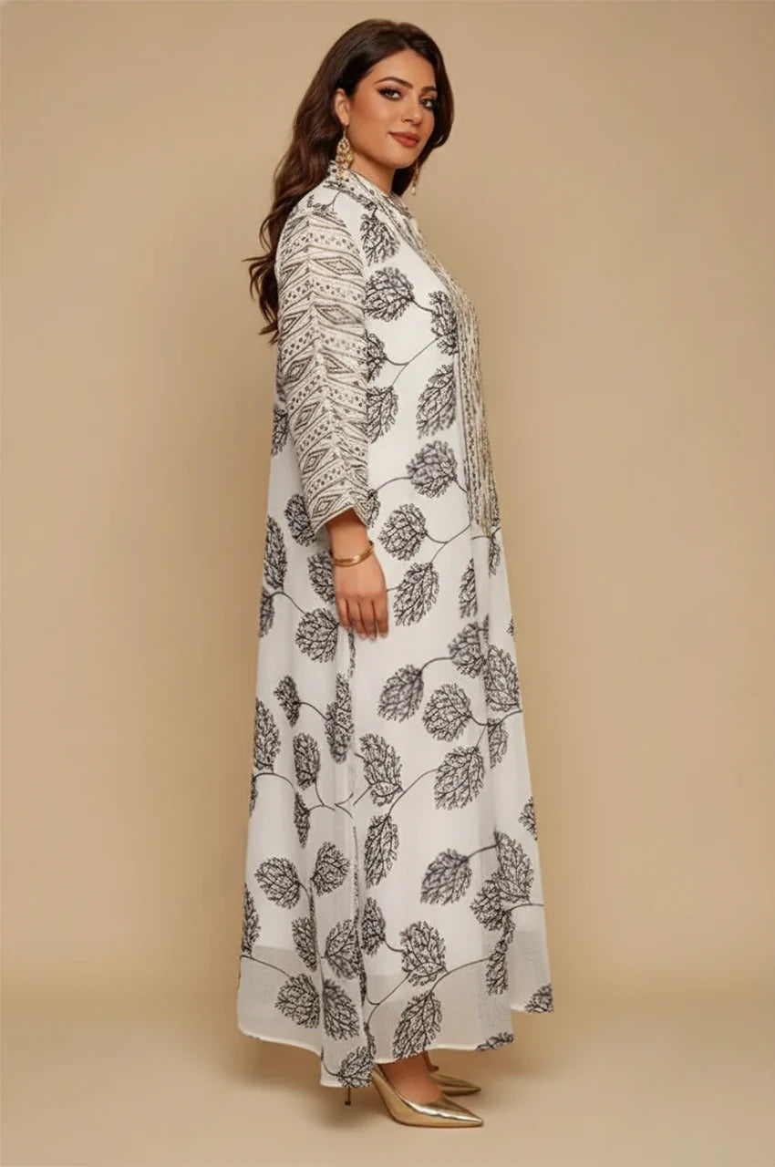 Leena white Persian kaftan – side view with printed sleeves and floral motifs
