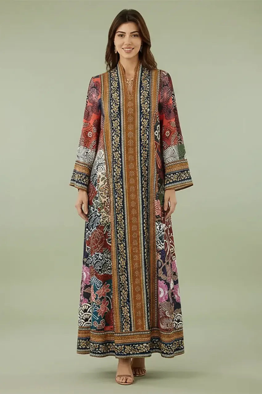Full-length front view of Liara red digital print kaftan by Naylara.