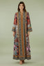 Full-length front view of Liara red digital print kaftan by Naylara.